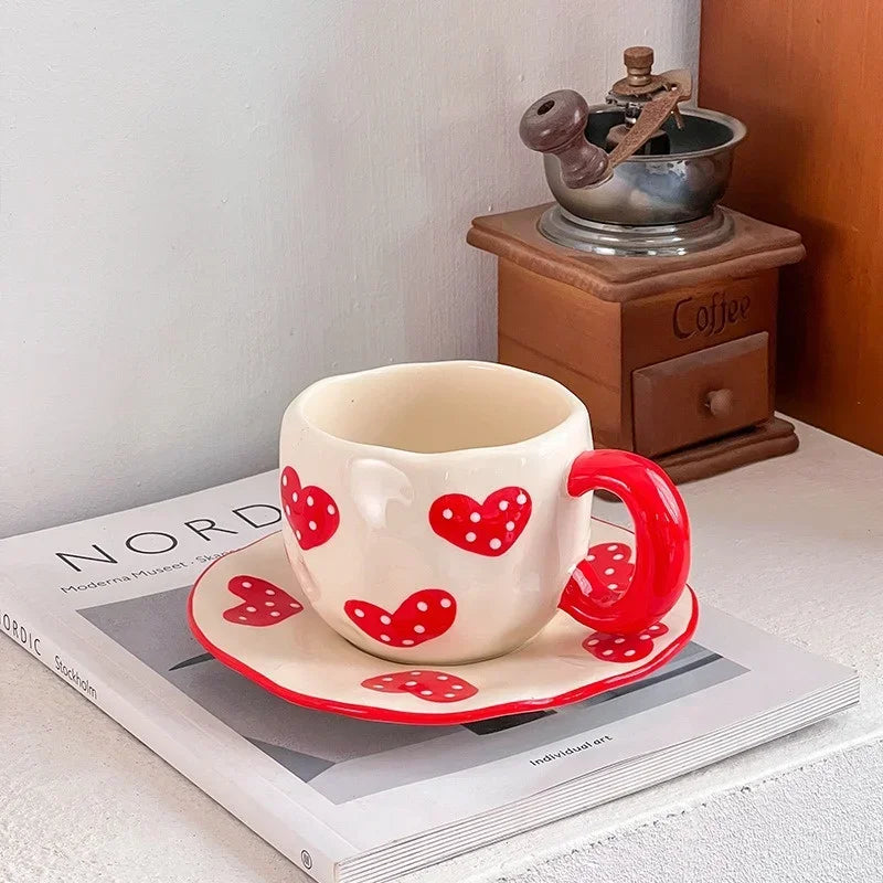 Ceramic Coffe Mug Hand Pinched Irregular Hand-painted Love Heart Cherry Pattern Cup with Saucer