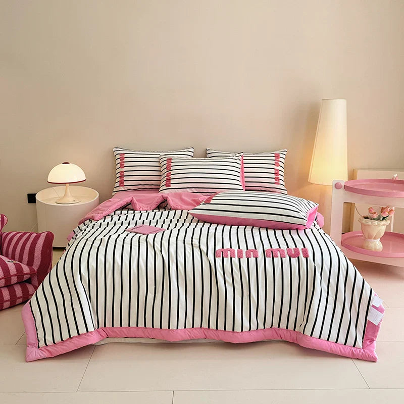 Stripe Quilt set Pink And White Bedding Set with Flat Sheet Set Soft  Fluffy Embroidery Quilt Set