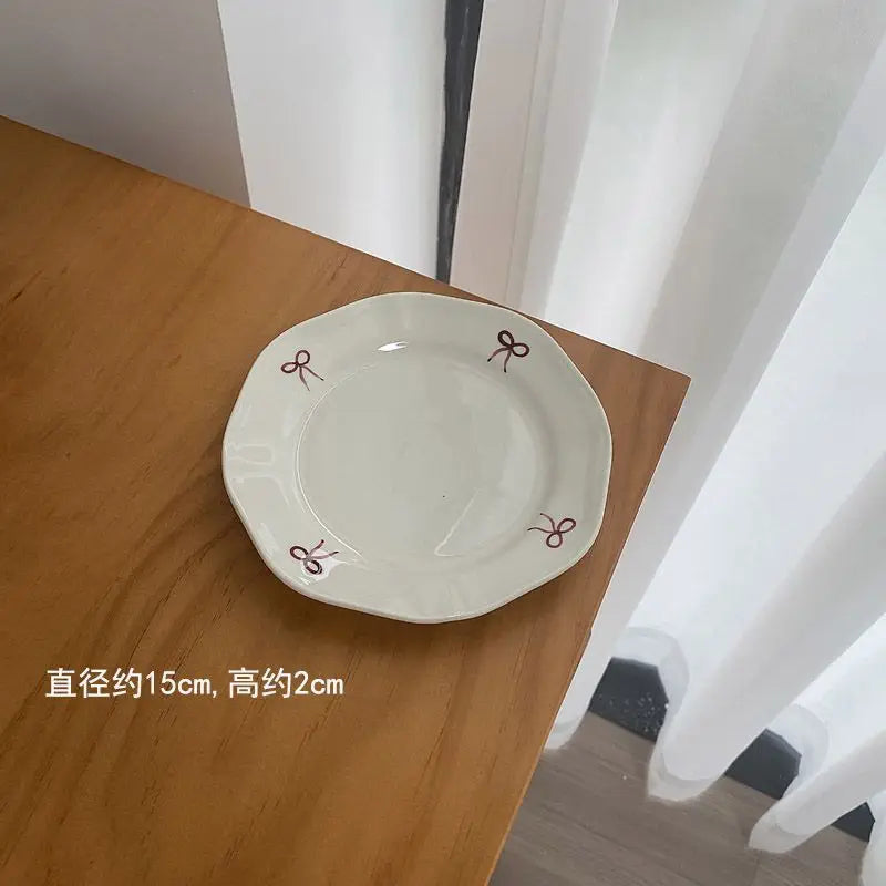 Vintage Red Bow Plate Deep Plate Underglaze Colored Ceramic Tableware Dishes