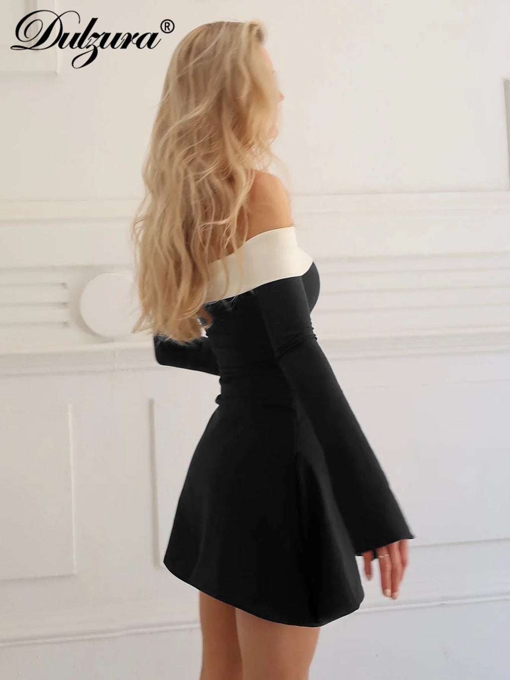 Off Shoulder Long Sleeves Slim Mini Dress Women's Sexy Elegant Outfit