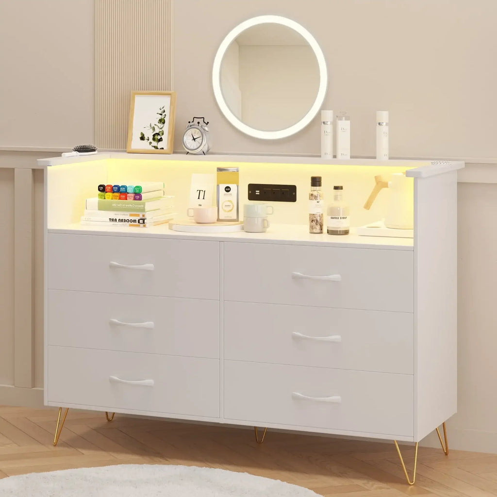Dresser for Bedroom 6 Drawer with LED Light & Charging Station, Wooden Dressers and Chests of Drawers with 2-Tier Open Shelves