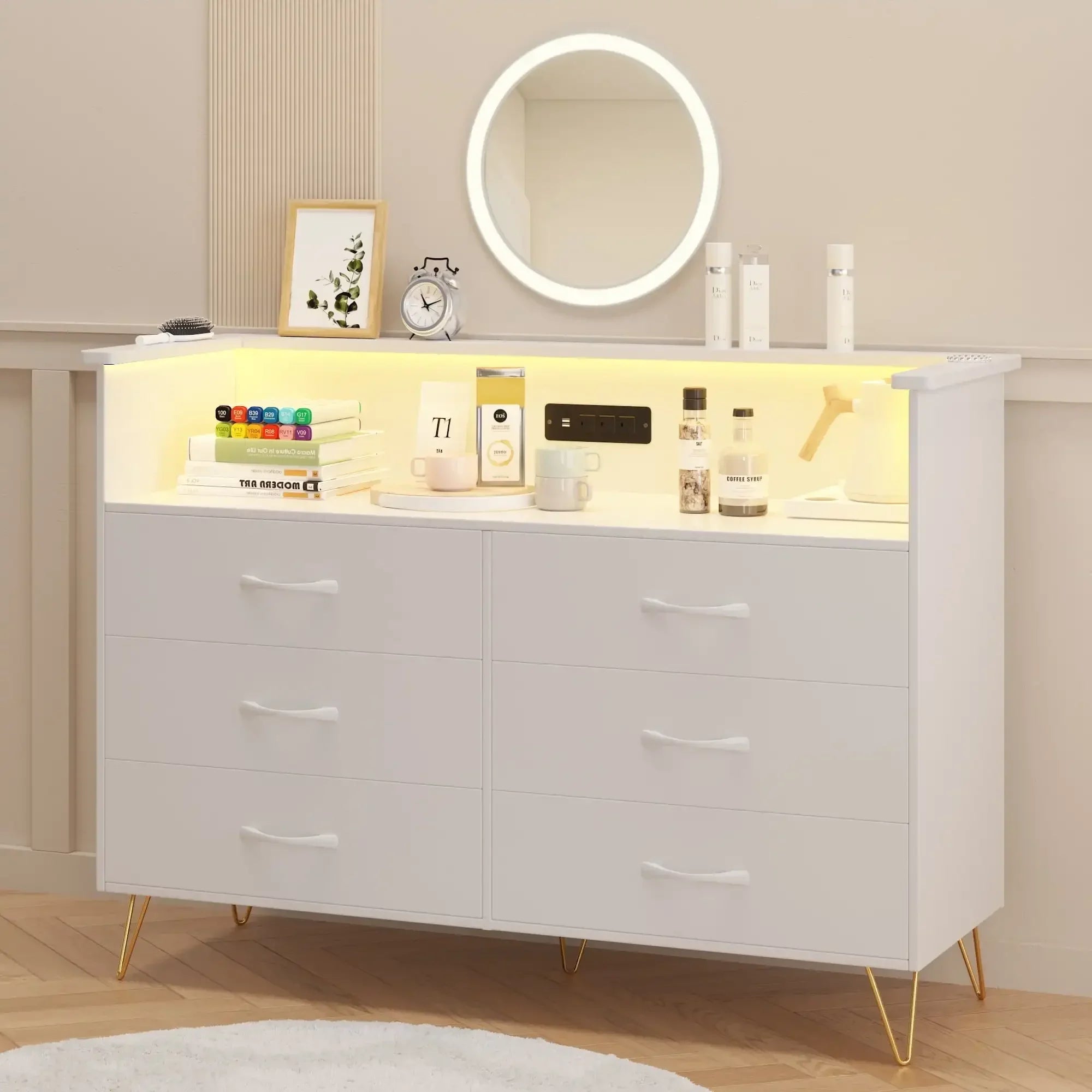Dresser for Bedroom 6 Drawer with LED Light & Charging Station, Wooden Dressers and Chests of Drawers with 2-Tier Open Shelves