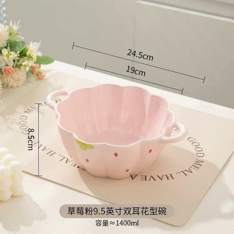 Strawberry Double Ear Ceramic Bowl,Cream 6.5-inch 9.5-inch Soup Bowl with Handle Home