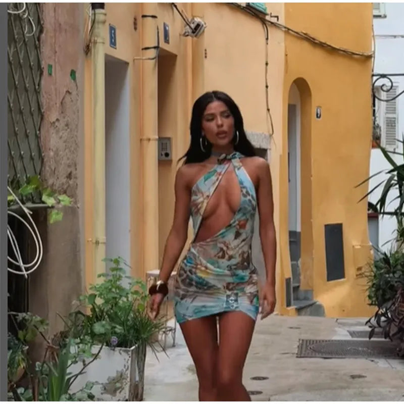 Women Sexy Printed Chic Sleeveless Hollow Out Halter Bodycon Mini Dress Ladies