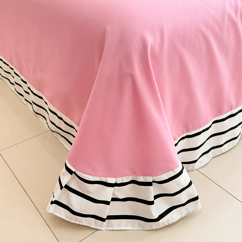 Stripe Quilt set Pink And White Bedding Set with Flat Sheet Set Soft  Fluffy Embroidery Quilt Set