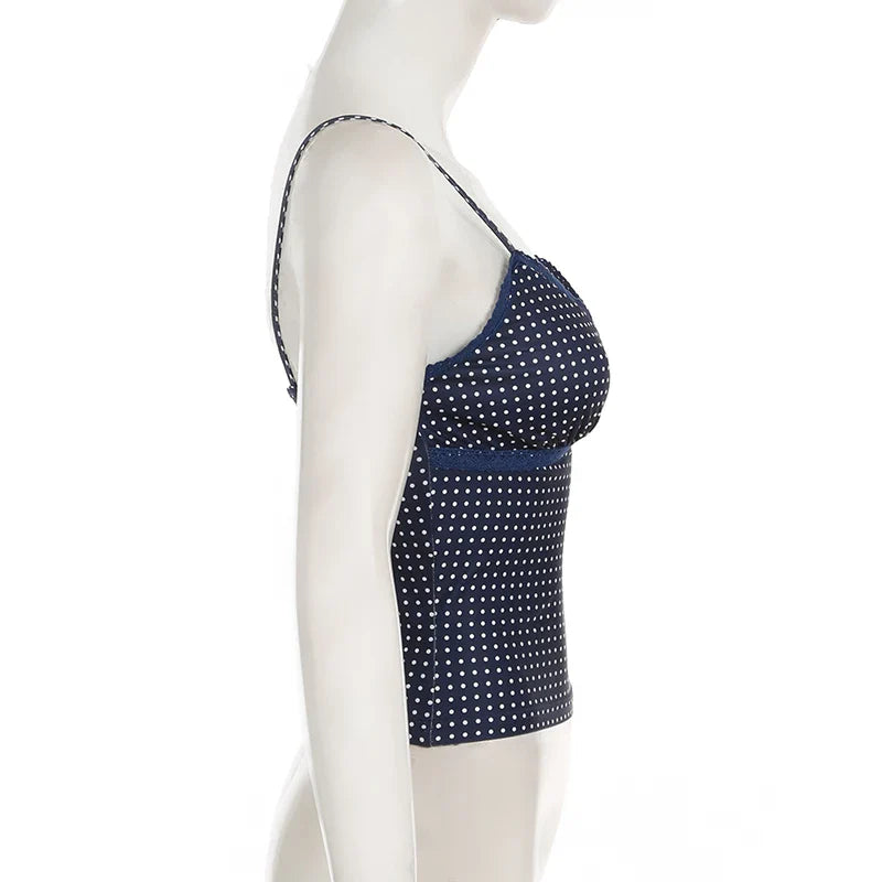 Y2K Polka Dot Crop Top Casual Lace Stitching Sleeveless Skinny Strap Tops Women Basic Camisole Streetwear Tees Aesthetic