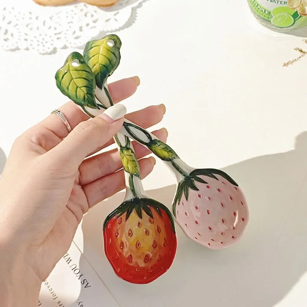 Strawberry Ceramic Spoon, Watermelon Panda Underglaze Household Cute Long Handle Children Eat Dessert Spoons Tableware