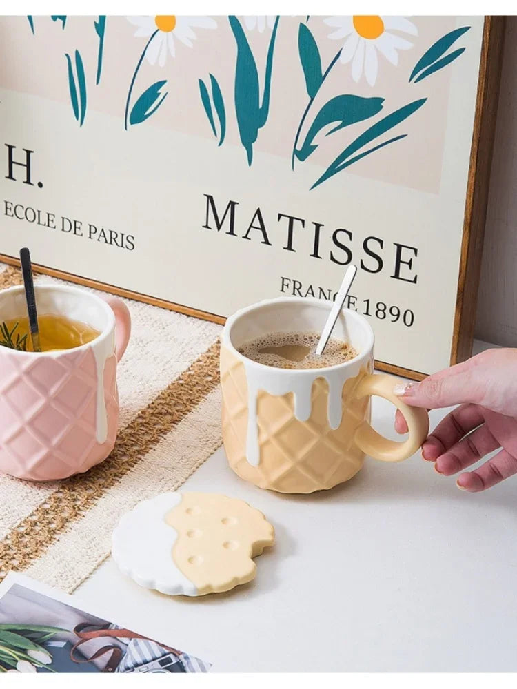 Kawaii Biscuit Pattern With Lid And Spoon Ceramic Cups Cute Cup Drinkware