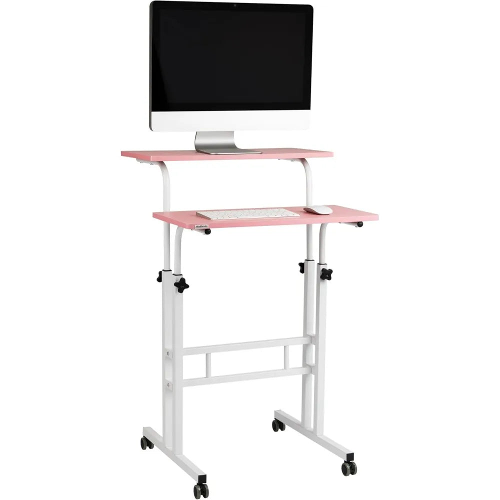 Pink Standing Desk, Adjustable Height, Computer Desk, Laptop Desk, Portable, Rolling, 15" L x 22" W x 39" H