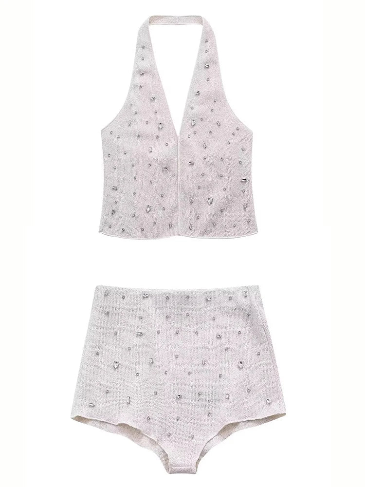 Diamond Women 2 Piece Set Luxury Knit Halter Backless Tank Tops+Shorts Casual Matching Streetwear Stretch Simple Suit