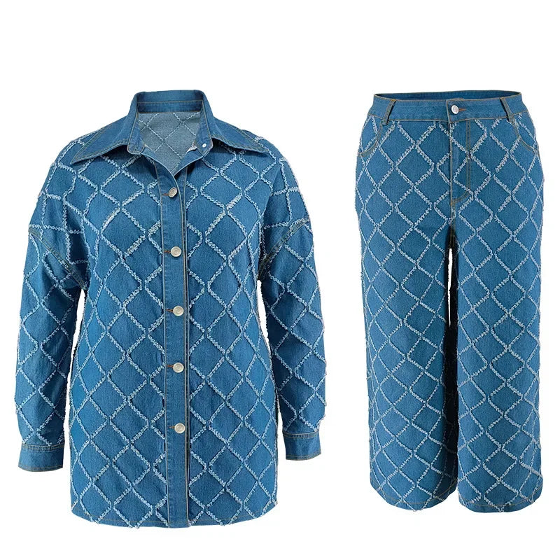 Plus Size Fashion Women Two Pieces Set Spring Long Sleeve Button Blouse Top Wide Leg Pants Oversized 2 Pieces Casual Clothes