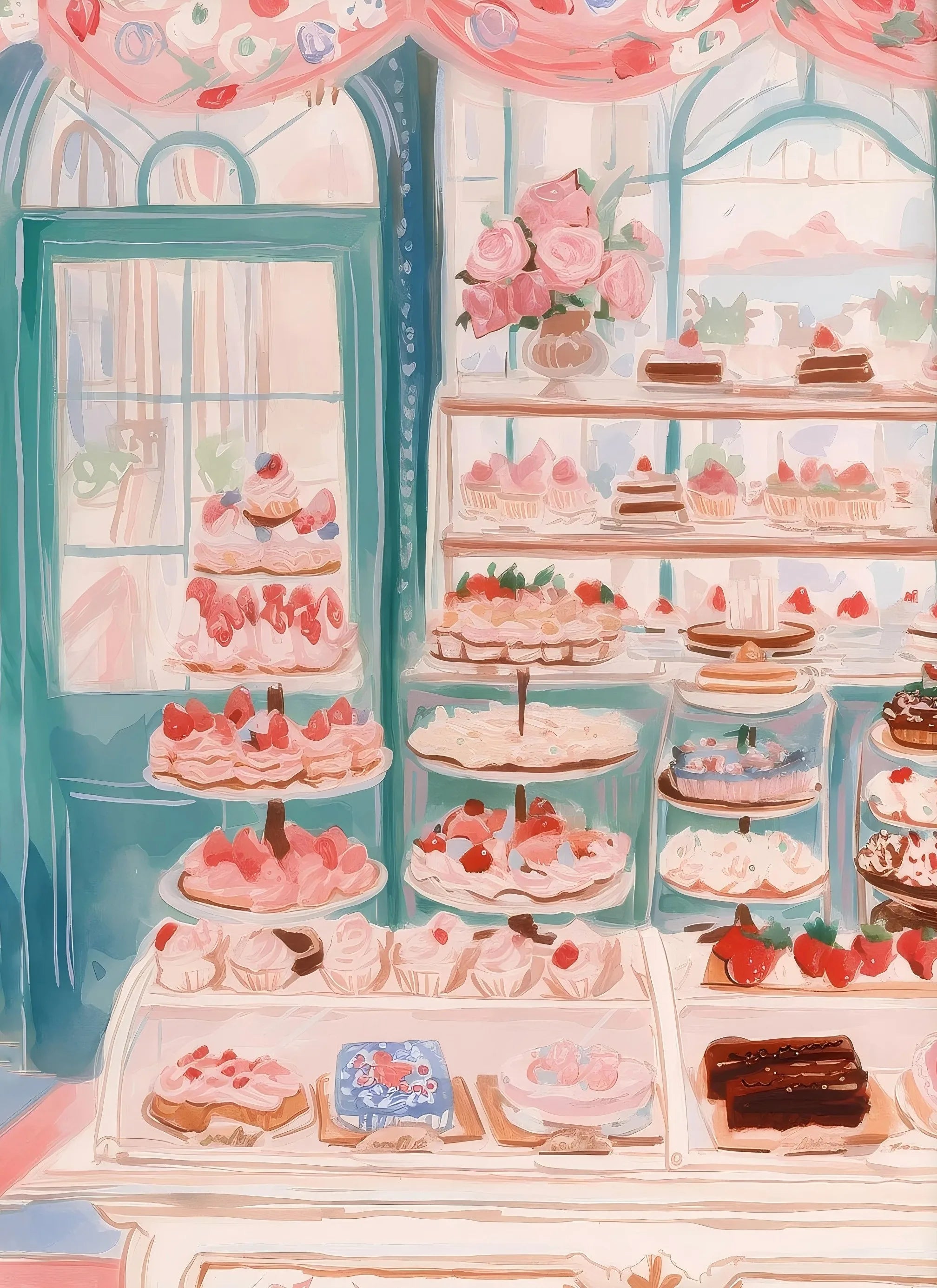 Retro Pink Cake Shop Dessert Gourmet Strawberry Cake Tea Poster Canvas Painting Prints Art Pictures Wall Decor