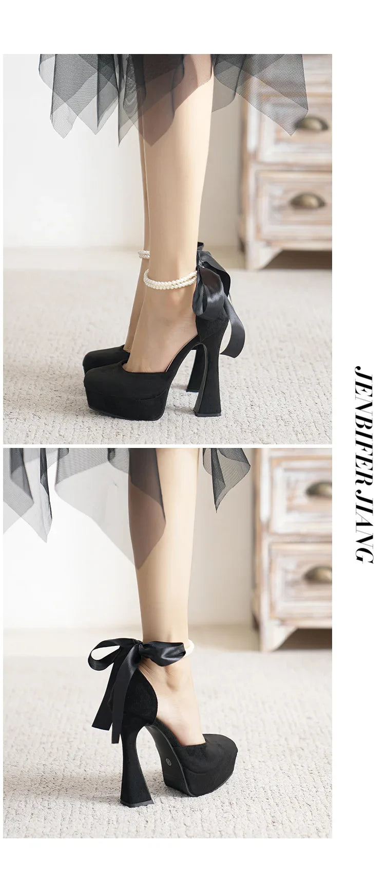 Fashion Super High Heels Sandals Bow Buckle Square Head Heels Ladies Shoes