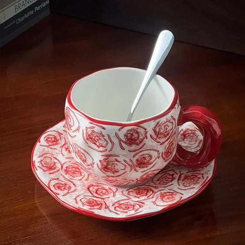 Ceramic Coffe Mug Hand Pinched Irregular Hand-painted Love Heart Cherry Pattern Cup with Saucer