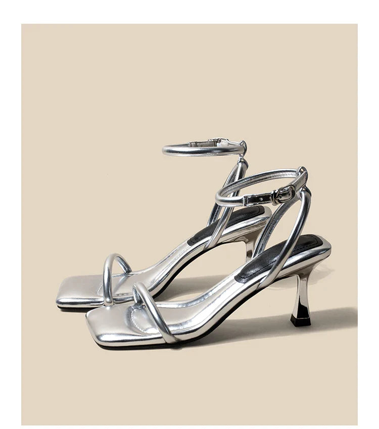 Women's High Heel Sandals Square Toe Thin Heels One-length Strip Open Toe Sandals