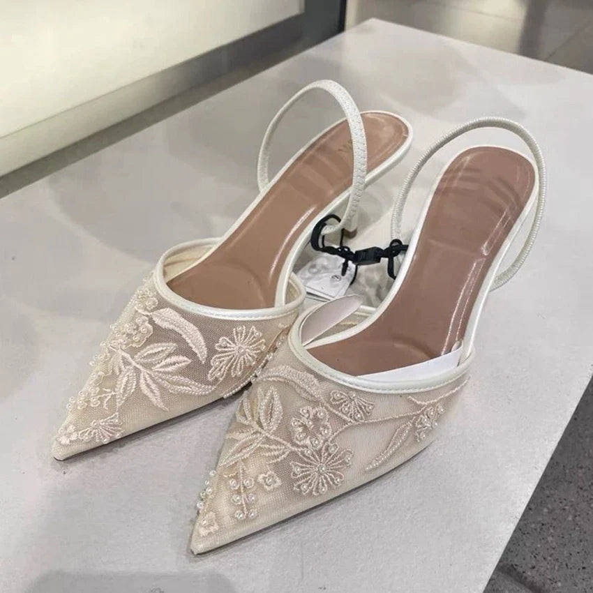 Brand Designer White Women Pumps Mesh Embroidered Flowers Back Strap Sexy Slingback High Heels
