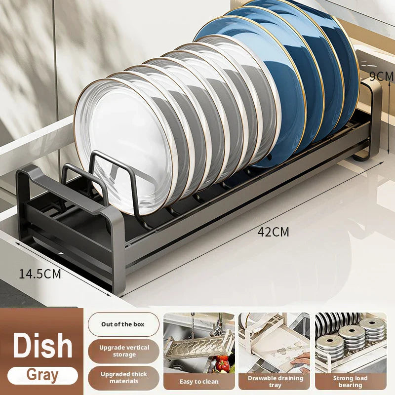 Pull Out Cabinet Dish Storage Rack Stainless Steel Plate Drain Stand Holder Kitchen Drawer Built-in Bowl Rack Basket Organizer