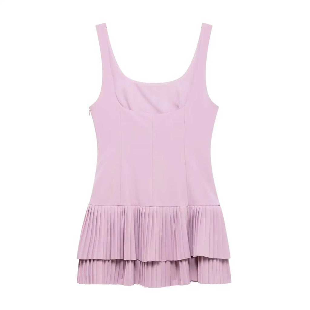 Elegant Women Solid Pleated Mini Dress Square Collar Backless Folds Slim Dress Fashion Sleevelesss