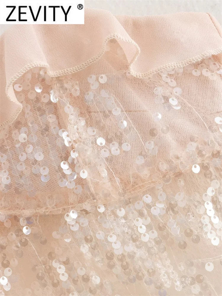 Women Chic Pleat Ruffles Sequined Design Chiffon Sling Camis Tank Lady Backless Short Crop Shirt Blouse Tops