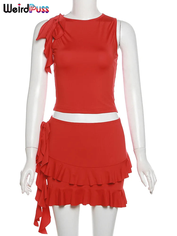 Women 2 Piece Set Double-Deck Pleated Tassel Mini Skirt+Bandage Slim Tank Top Festival Party Sexy Matching Outfits