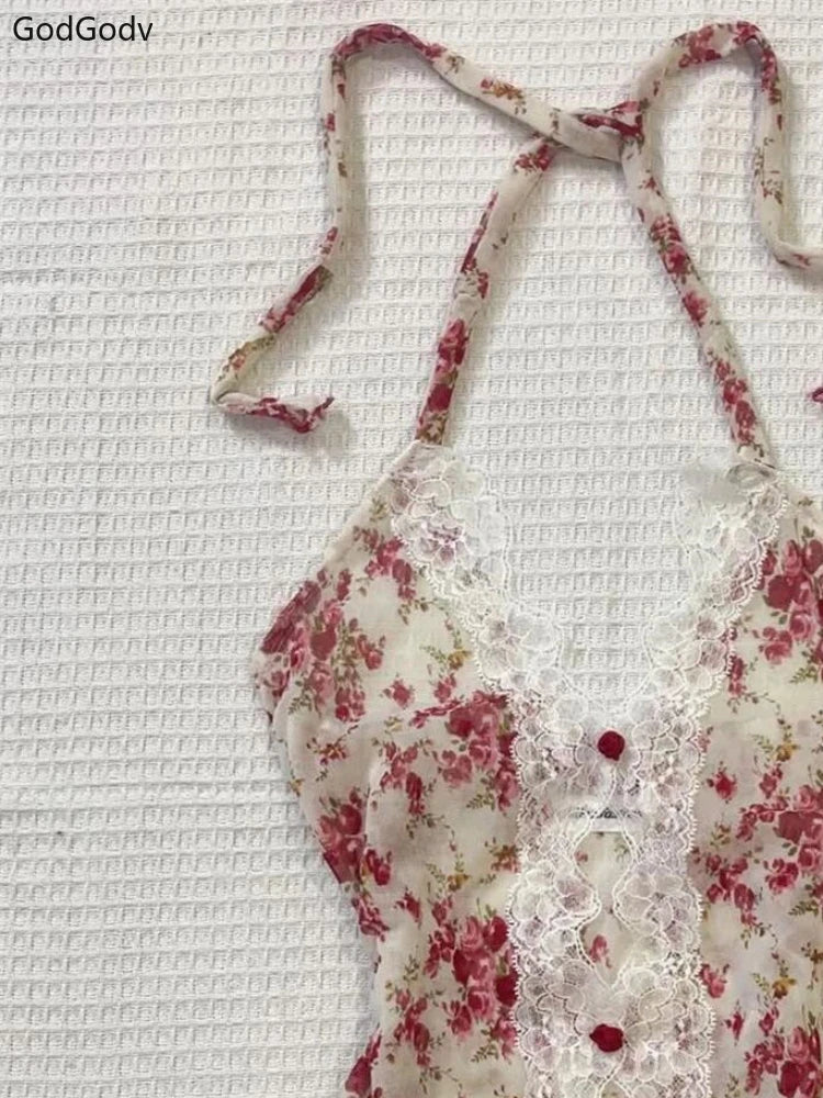 Summer Woman Floral Halter Lace Blouse Vintage Sexy Slim Fit Fairy Tops Outfits Elegant Style