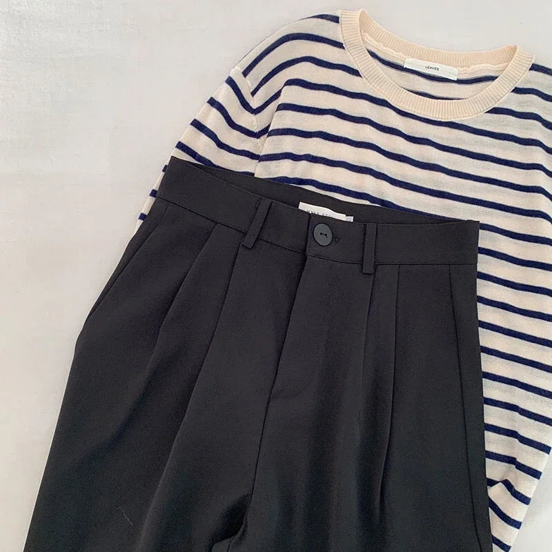 High Waist Women Suit Pants Fall Straight Office Ladies Fashion Trousers Casual Button Loose