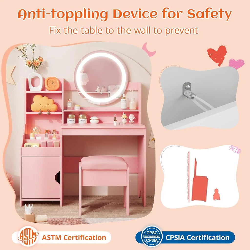 Kids Vanity Desk with Lights Mirror Makeup Vanity Table with Storage Cabinet & Shelves Pink Vanity Set with Chair for Girl