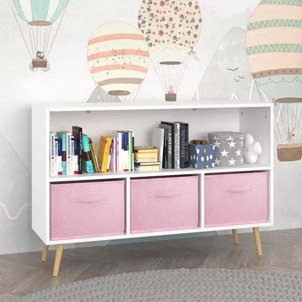 White/Pink Kids Bookcase with Collapsible Fabric Drawers, Children's Book Display, Toy Storage Cabinet Organizer