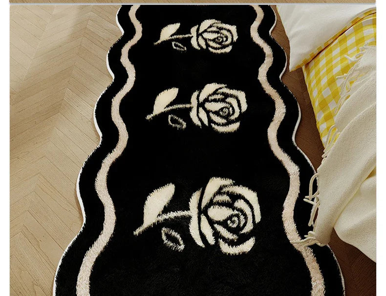 Rose Bow Heart Long Floor Mat Runner Rug Soft Fluffy Black White Cute Girl Home Decoration Rugs