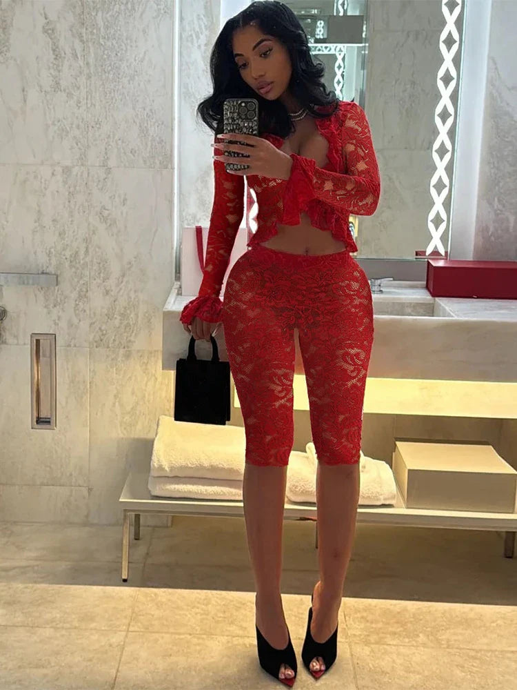 Jacquard Sexy Women 2 Piece Set Coquette Full Sleeve Ruffles Crop Tops+Bike Shorts Outfit