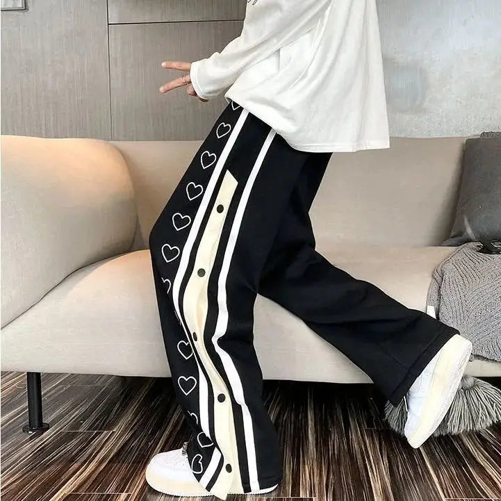 Harajuku Wide Leg Sweatpants Oversize Men Streetwear Side Button Baggy Pants Casual Hearts Sport Split Basketball Women Track Trousers