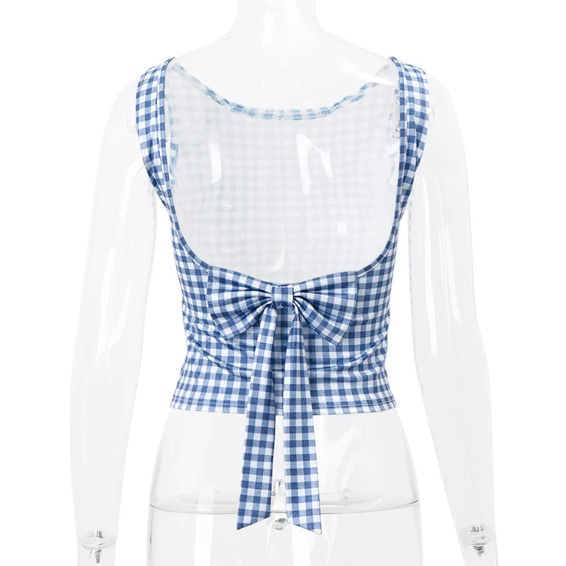 Fashion Bow Backless Tank Top Casual Streetwear Plaid Print Sleeveless Crop Tops Summer Slim Fashion Corsets