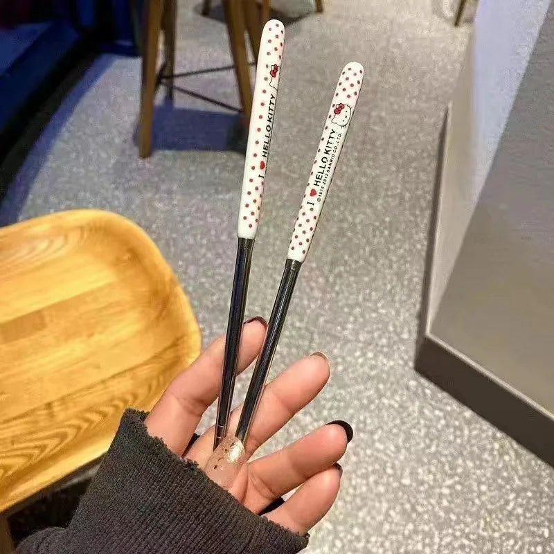 Sanrio Hello Kitty Kitchen Tableware Stainless Steel Chopsticks Spoon Fork Portable Dinnerware Set