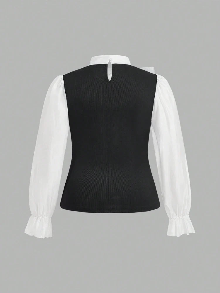 Plus Size Women's Elegant Contrast Bow Tie Long Sleeve A-Line Office Work Shirt Business