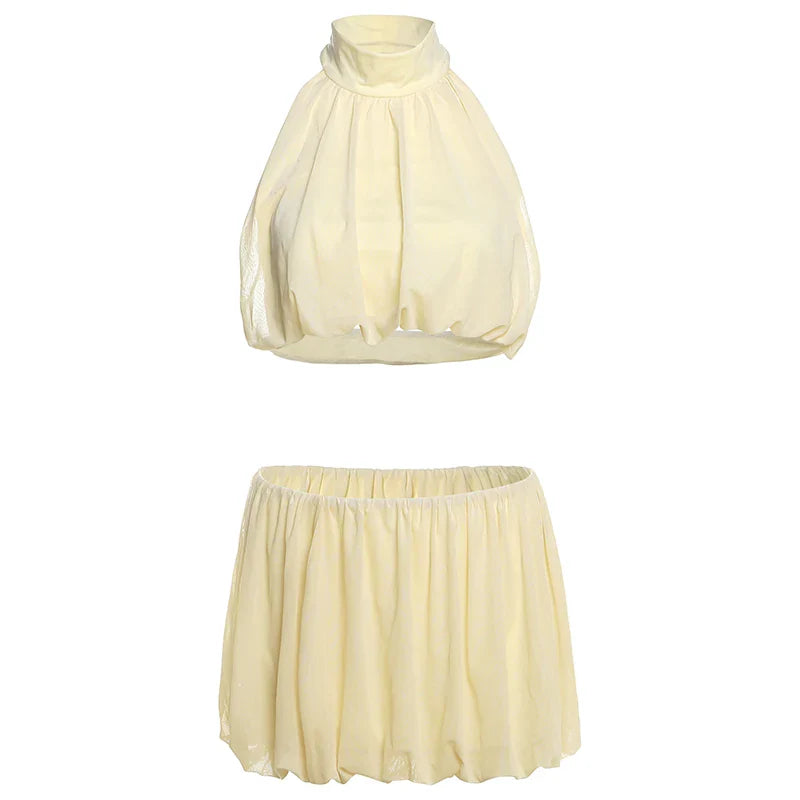 Ruched 2-Piece Set Women Halter Backless Elegant Tank Tops+Waist Skirts Solid Sexy Summer Matching Suits