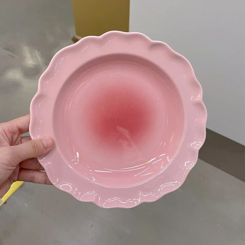 French Style Ceramic Plate Gradient Floral Shape Porcelain Dinnerware