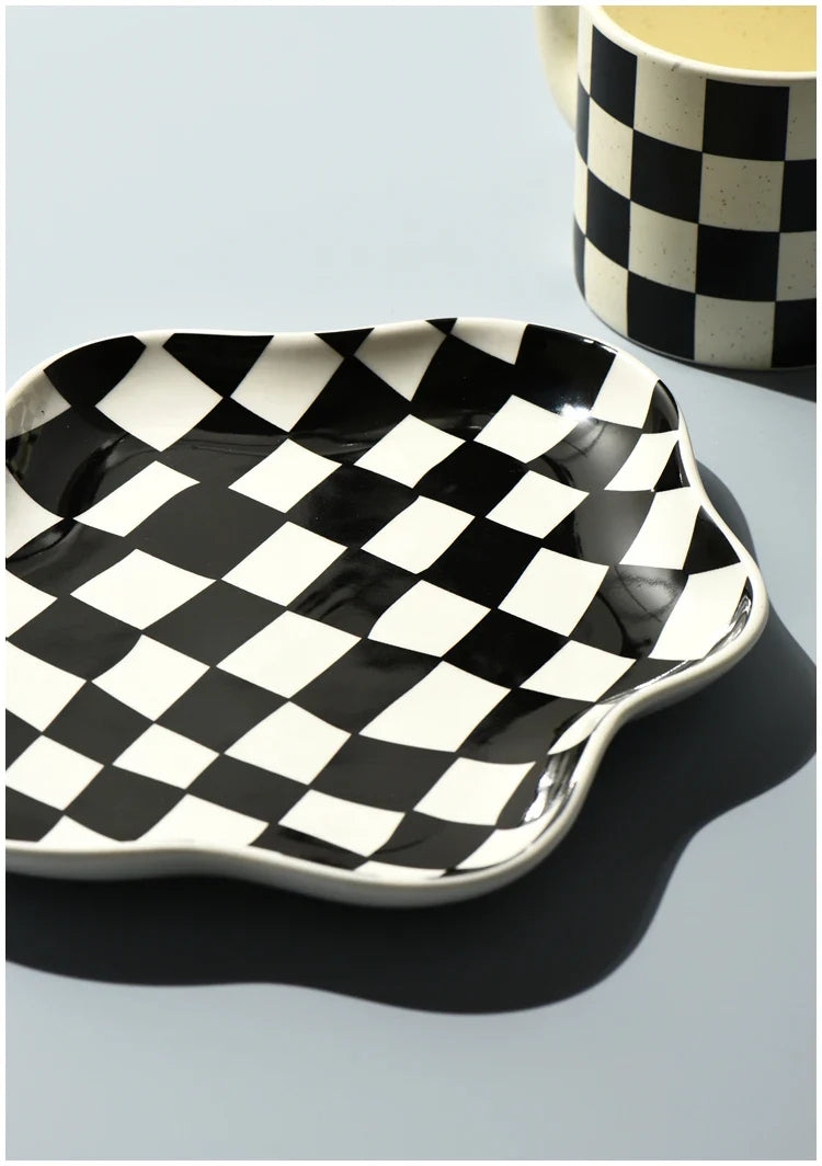 Retro Checkerboard Ceramic Plate Jewelry Home Decoration