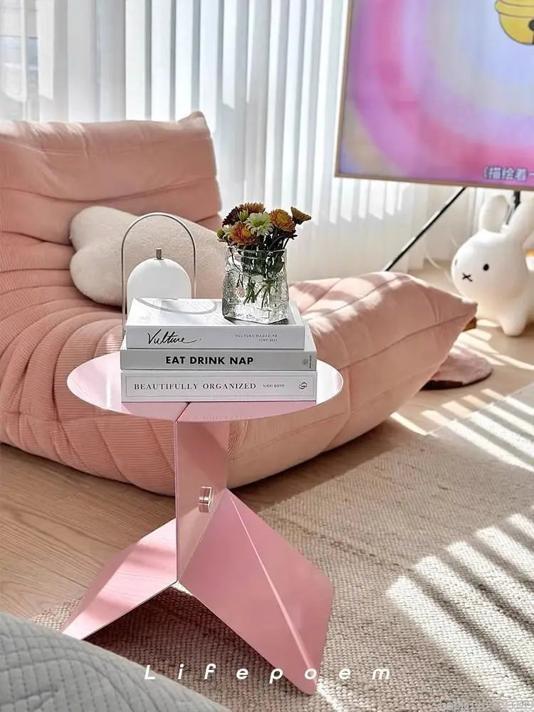 Y2K Pink Side Table - Dopamine Aesthetic Bedside Table with Magazine Rack