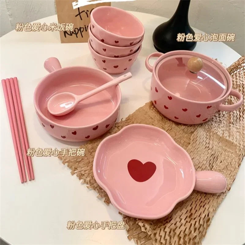 Pink Love Cutlery Set Rice Bowl Ceramic Double Ear Instant Noodle Soup Bowl Hand Paired Spoon Combination Noodle Bowl
