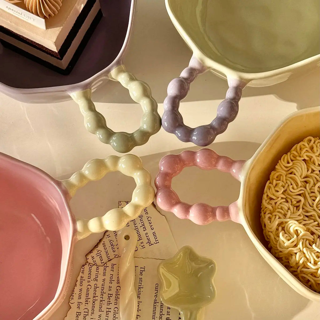 High Beauty Ceramic Instant Noodle Bowl with Pearl Handle Home Irregular Shape Cute Yogurt Bowls Fruit Dessert Tableware