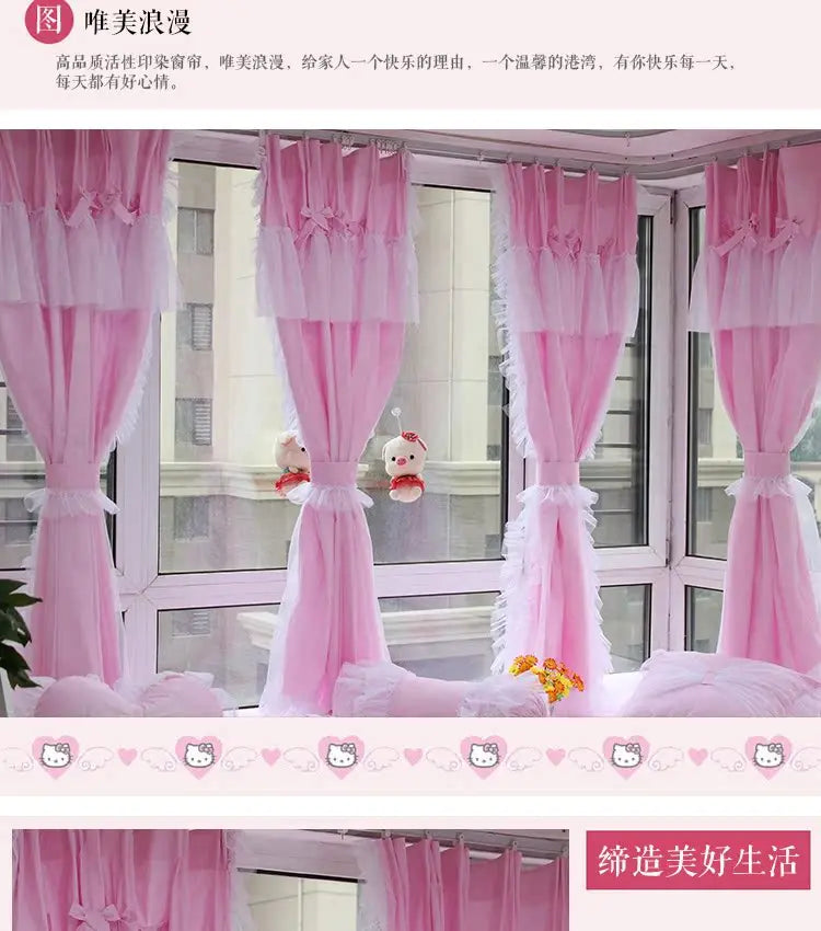 Princess Style Window Curtains, Cotton, Pink Lace, 2 Layer Curtain