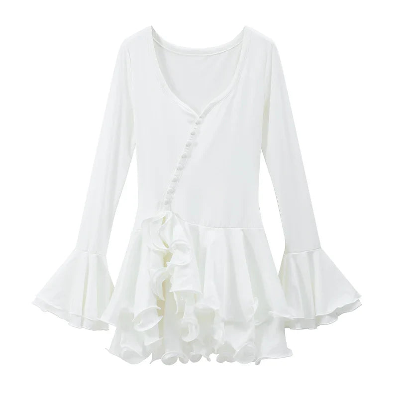 Pink Flare Sleeve Ruffle Pleated Mini Dress Women's Irregular Deep V-neck Buttons A-line Gowns