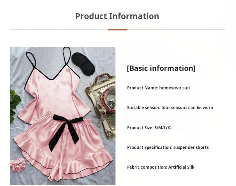 Women's Smooth Satin Pajamas V-Neck T-Shirt Ruffled Edges And Bow Shorts Simple And Breathable Pajama Set