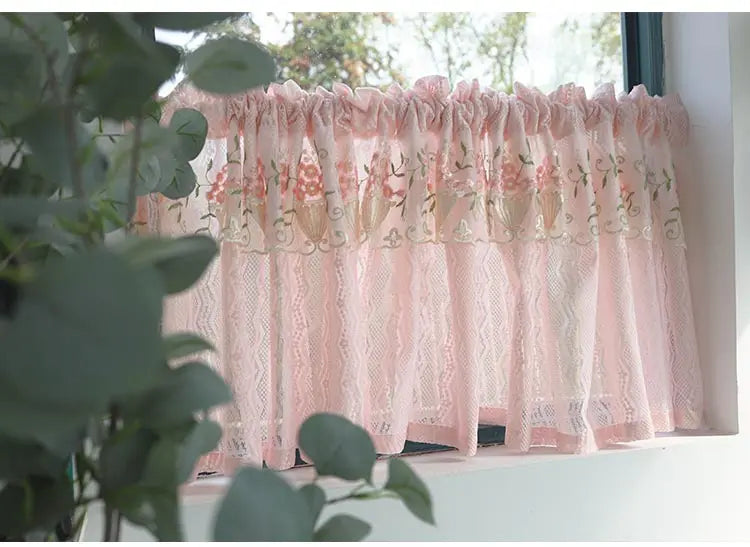 Pink Small Window Short Curtain Embroidery Floral Lace Half Window Curtains Sheer Tulle Home Decoration