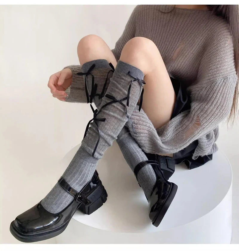 Sweet Lolita Style Stockings Students Fashion Basic Bowknot Knee-high Socks Cotton Fabric Women Mid-calf Sock