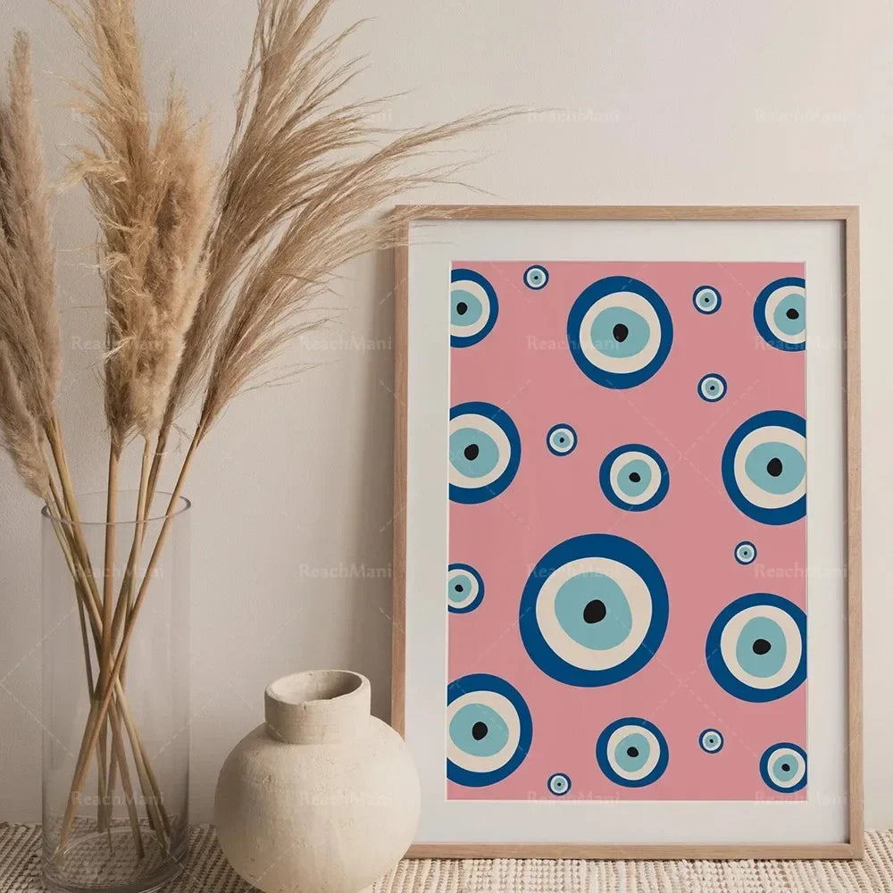 Traditional Evil Eye Flowers Pink Wall Art  MidCentury Modern Boho Decor Minimalist Digital Print Printable Canvas Painting