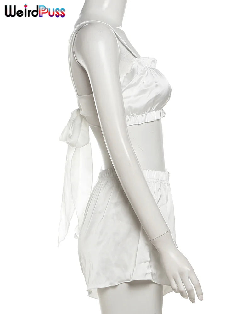 Silky Elegant Women 2 Piece Set Casual Sleeveless Ruffles Camisole+Button Shorts Matching Streetwear Casual Outfits