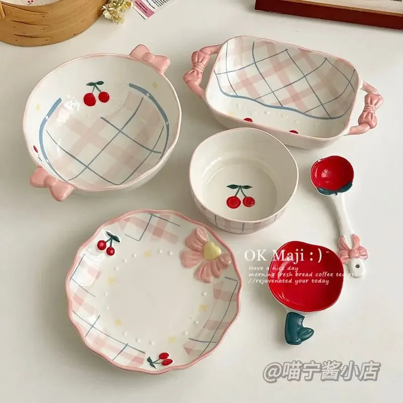 Cherry Plate High Beauty Dessert Cute Ceramic Tableware Flat Dish Set Decoration