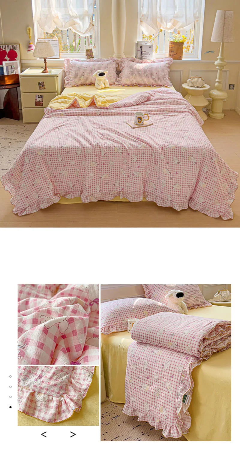 Korean Quilt with Lace and Ruffle Pure Cotton Patchwork Comforter for Summer Skin-Friendly Breathable Cooling Blanket for Home
