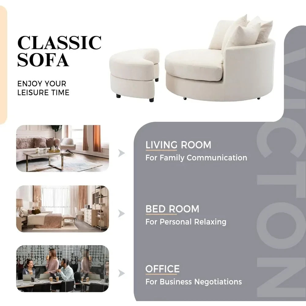 Swivel Book Nook Chair with Storage Ottoman and 4 Movable Pillow Backrest, 360° Rotating Round Barrel Sofa Chair